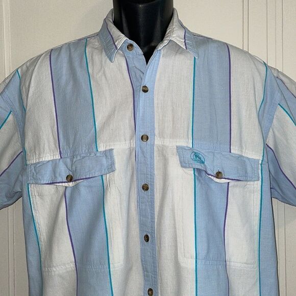 Vtg 80s Pacific Coast Highway blue & white vertical striped short sleeved shirt - Picture 2 of 11